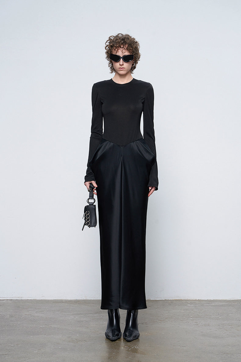 ANNAKIKI designer black acetate panel slim long-sleeved dress-JASMINE