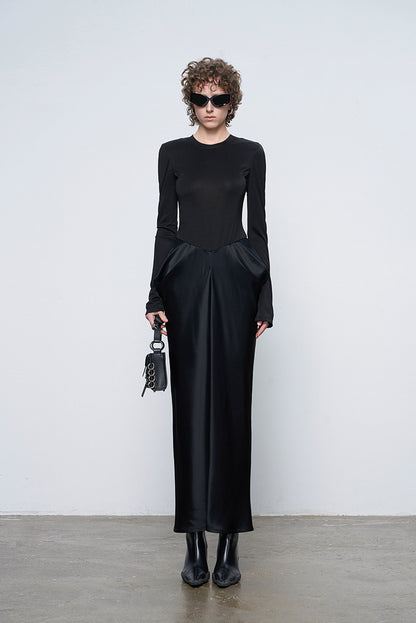 ANNAKIKI designer black acetate panel slim long-sleeved dress-JASMINE