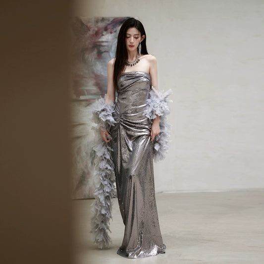 DOLLY Elegant Metallic Gray Sequin Pleated Tube Top-TINA  (V)