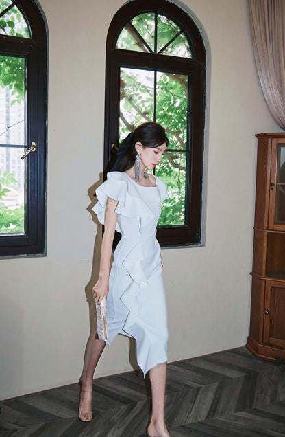 DOLLY High End Purple Ruffled Square Collar Slim Fit Formal Dinner Dress-ANGELIKI