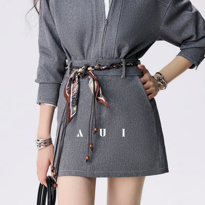 AUI Grey Double Ended Zipper Lapel Jacket Premium A-Line Two-Piece Suit Skirt - Yeong-Ja