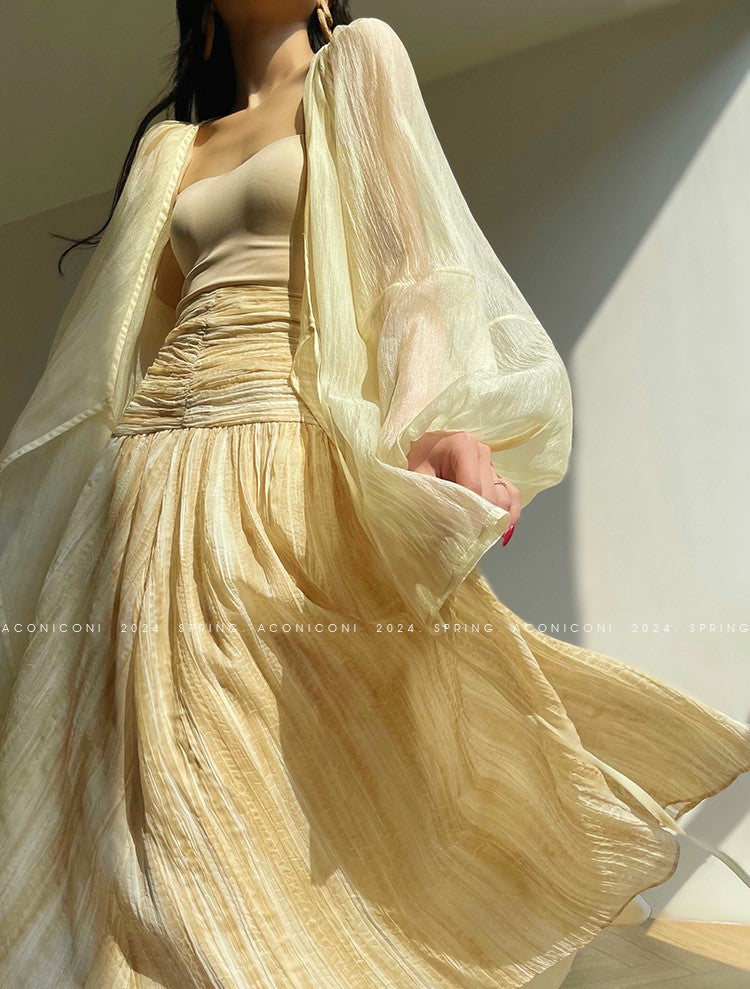 Aconiconi Elegant Wave Pattern Long Sleeve Loose Wedding Guest Dress- Dune