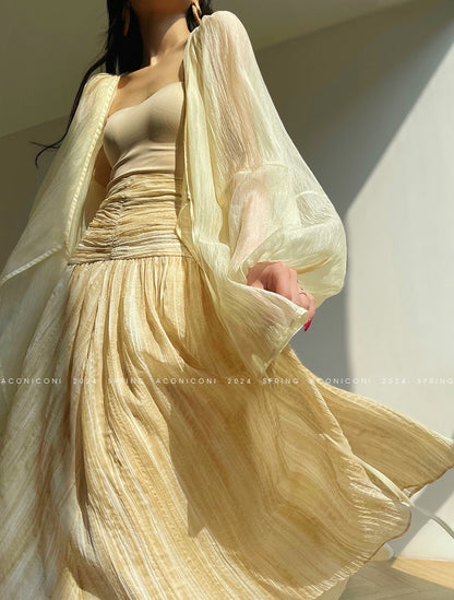 Aconiconi Elegant Wave Pattern Long Sleeve Loose Wedding Guest Dress- Dune