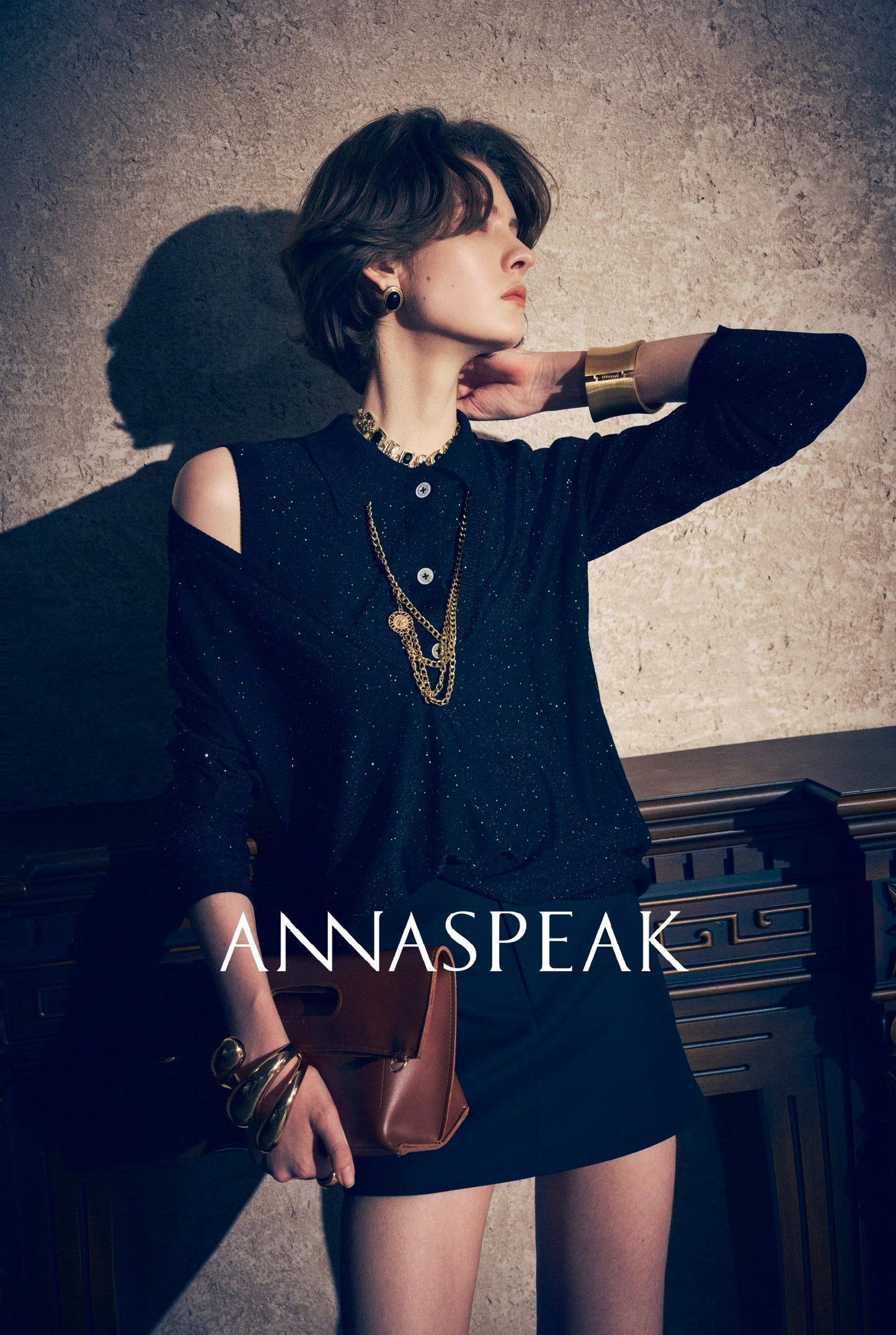 ANNASPEAK wool bead piece V-neck knit-SACE.