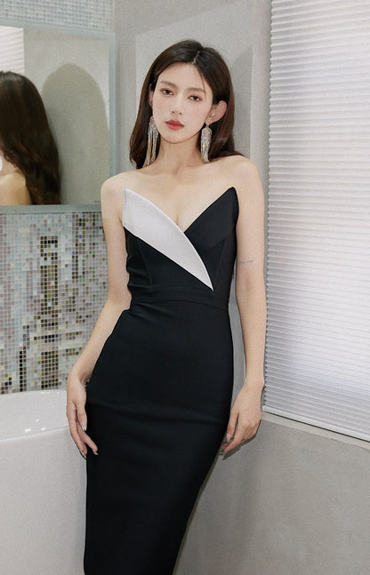 DOLLY Elegant Black and White Sleeveless Bandeau One Shoulder Long Dress-DEVIKA