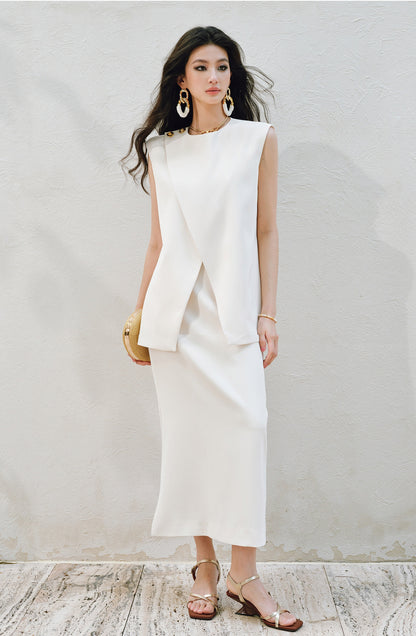 WANGXO | Imported Twisted Drape Fabric Elegant Commuter-Style Diagonal Placket with Loose Pleated Slit Vest & Skirt Suit Set -NALA
