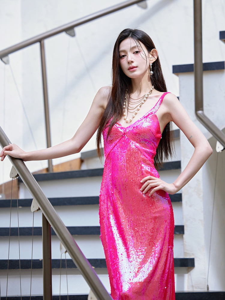 pink barbie sequin dress One Shoulder Velvet Sequin Dress In Barbie Pink
