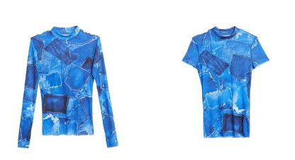 TINY IN denim print sun protection mesh long short sleeve t-shirt -IHU