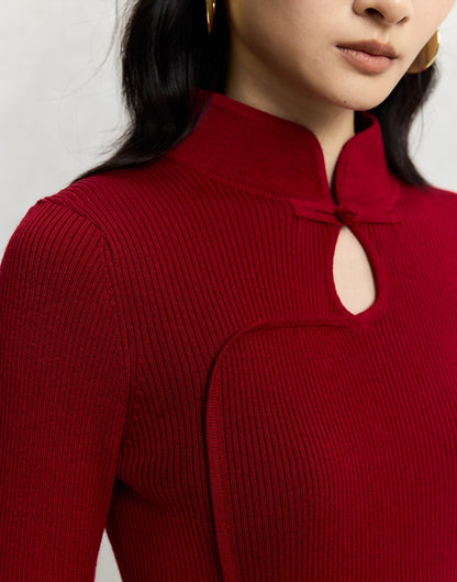 HECO Cheongsam Collar Hollow Buckle red black apricot Knitwear Slim Bottom - whom.