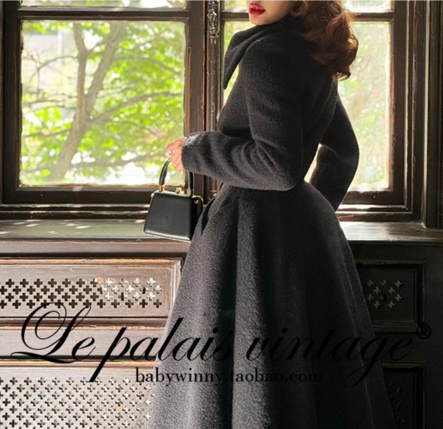 Le Palais Vintage  large skirt black woolen coat-KIA