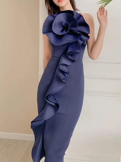 DOLLY Elegant French Style Sleeveless Ruffle Collar Slim Fit Midi Cocktail Dress-BANNIE