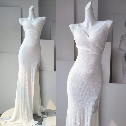 DOLLY Elegant Sleeveless V-Neck Sequin Slim Fit Slit Long Fishtail Cocktail Dress-ERIKA