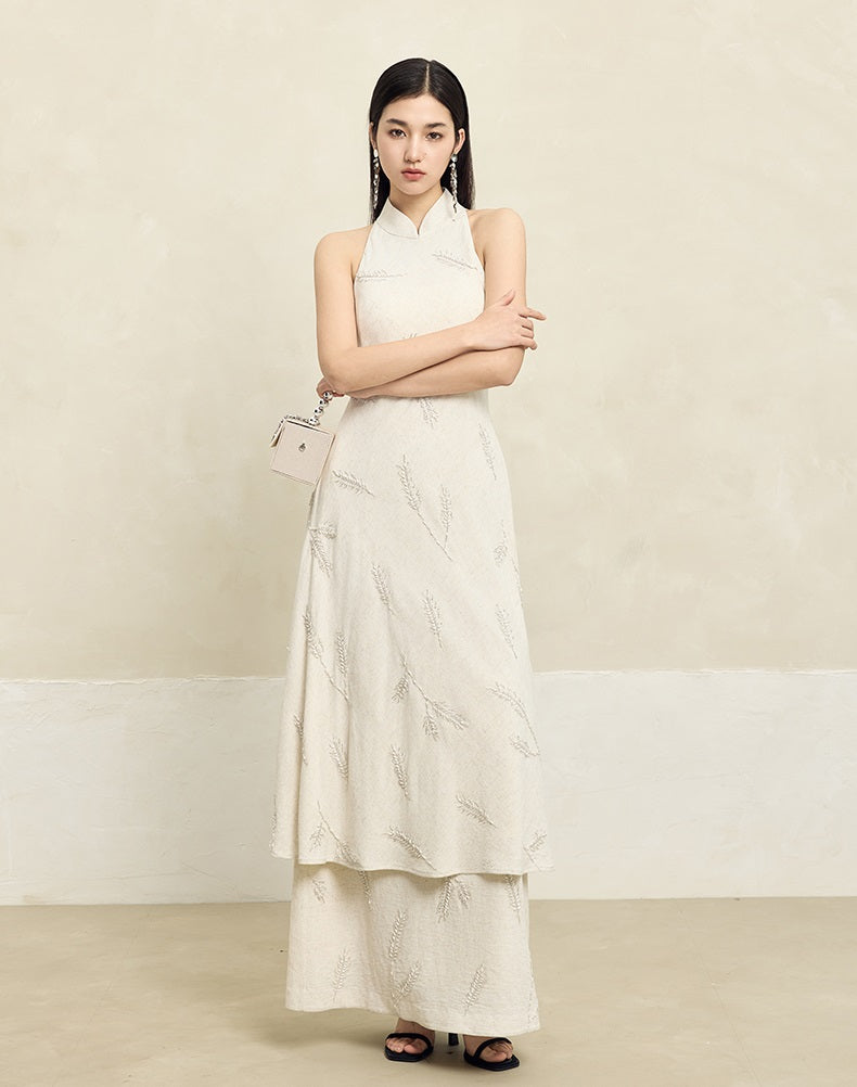 HECO Linen Pearl Leaf Bead Embroidery High Waist Long Skirt Women - JUDAH.