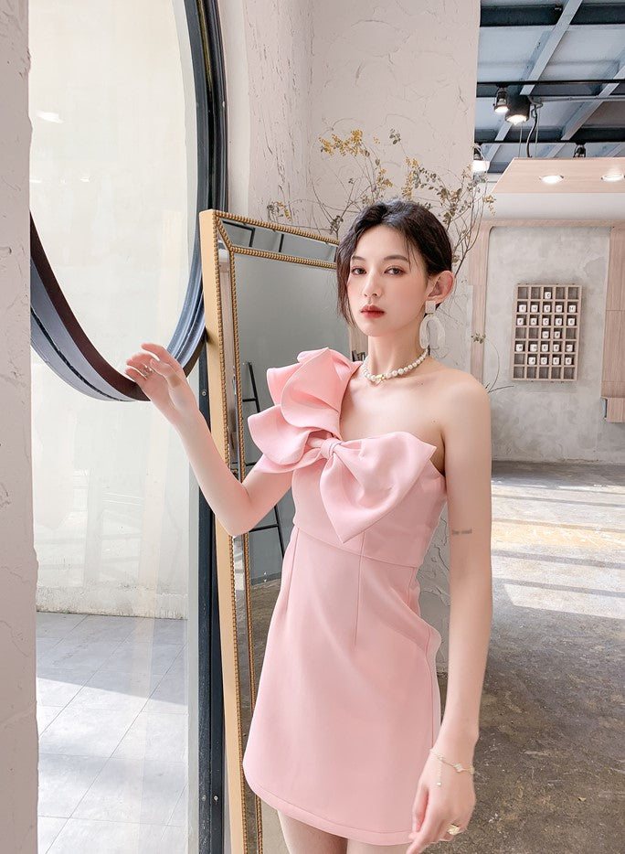 DOLLY Luxury Slant Collar Sleeveless Big Bow Ruffle Short Birthday Dress-MAYE