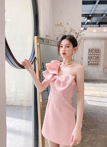 DOLLY Luxury Slant Collar Sleeveless Big Bow Ruffle Short Birthday Dress-MAYE