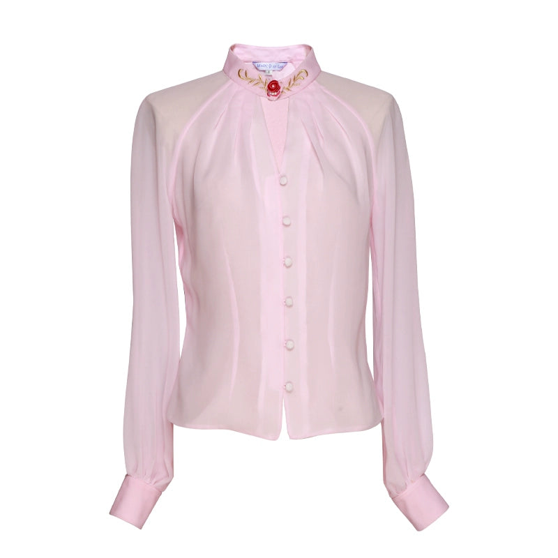 MagicQ pink rose embroidery pinched pleat shirt gradient print beaded ruffle skirt  - Lli