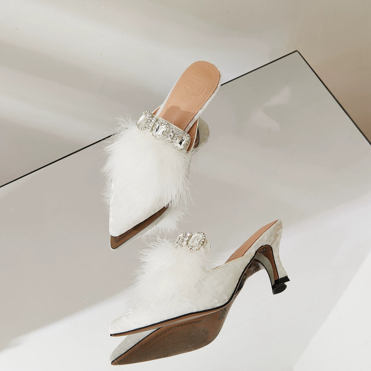 B-FEI Feather Rhinestone White small heels Mule Shoes - POLZ.