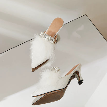 B-FEI Feather Rhinestone White small heels Mule Shoes - POLZ.