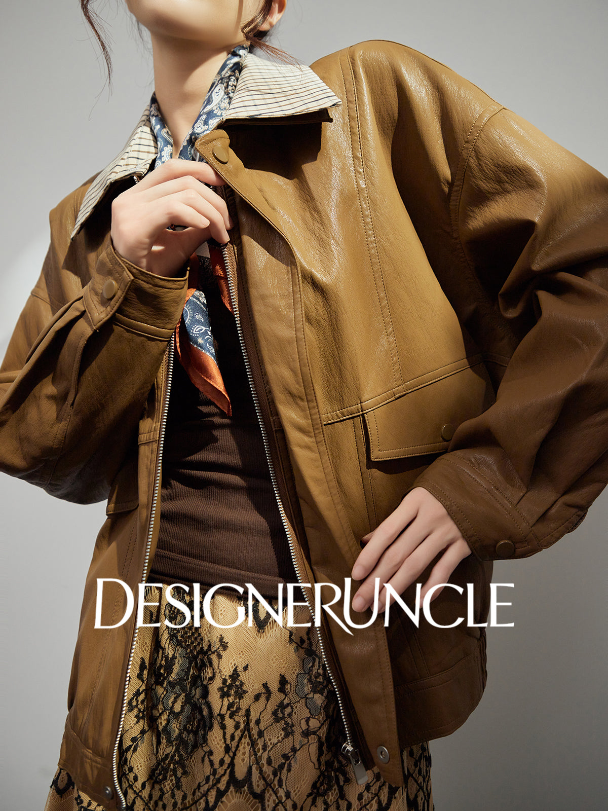 DGU|Brown leather retro loose high-end temperament fashion jacket  - Stephan.