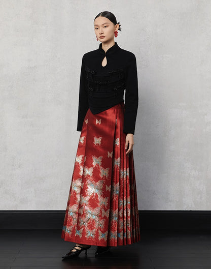 HECO Butterfly Hanfu High Waisted Pleated Long Skirt - rain.