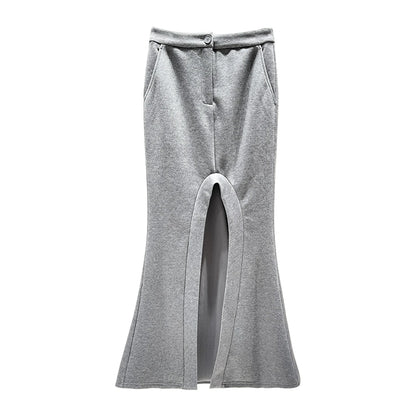 ANNAKIKI Designer Curved Casual Sweat Slit Maxi Skirt-FUKU
