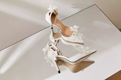 B-FEI white flower wedding ankle strap high heel shoes-MIJI.