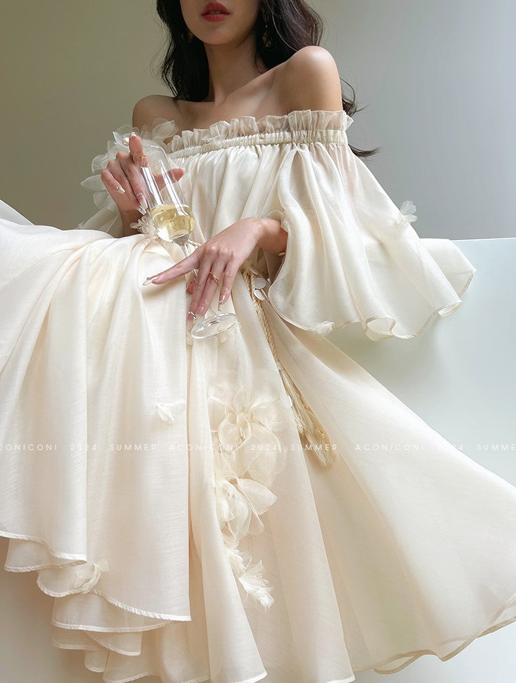 Aconiconi Luxury Off-Shoulder Flower Short Sleeve bridal baby doll Dress - Magnolia Lotus Fragrance