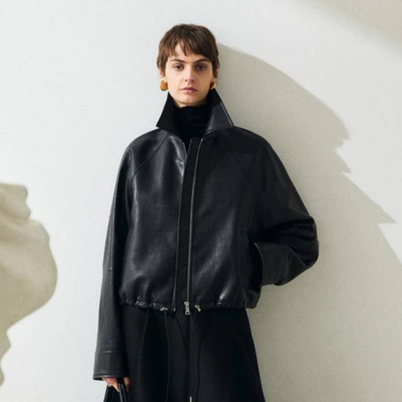 PIAOIN Small lapels short motorcycle leather jacket hem trimmed spring-DAX.