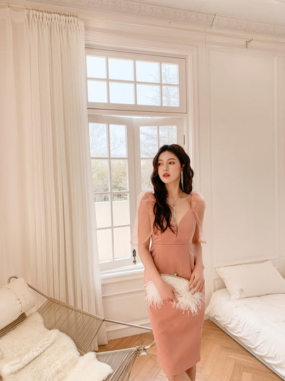 DOLLY Elegant V-Neck Short Mesh Puff Sleeve High Waist Midi Luncheon Dress-CHILE