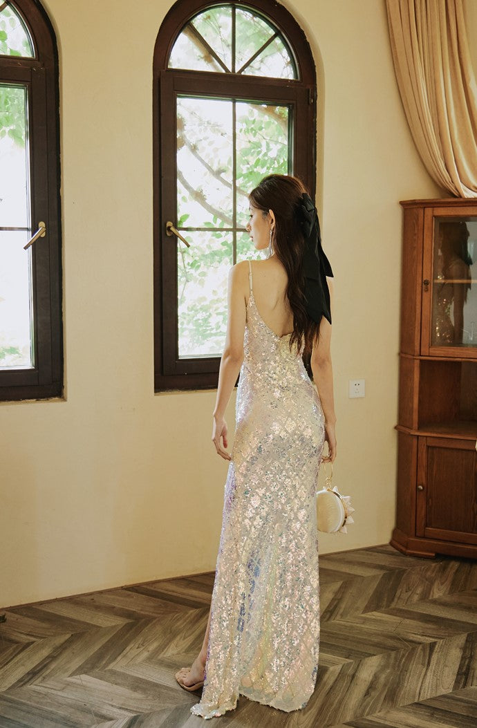 DOLLY High End Sleeveless V-Neck Sequin Long Slim Fit Slit Banquet Dress-ERICA