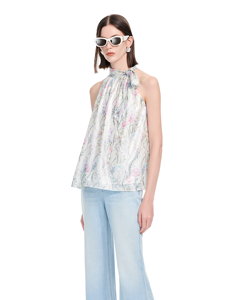 YES BY YESIR | Ye Qians Sprinkled Silver Floral Lace-Up Top with Dreamlike Garden Detail -SERENITA