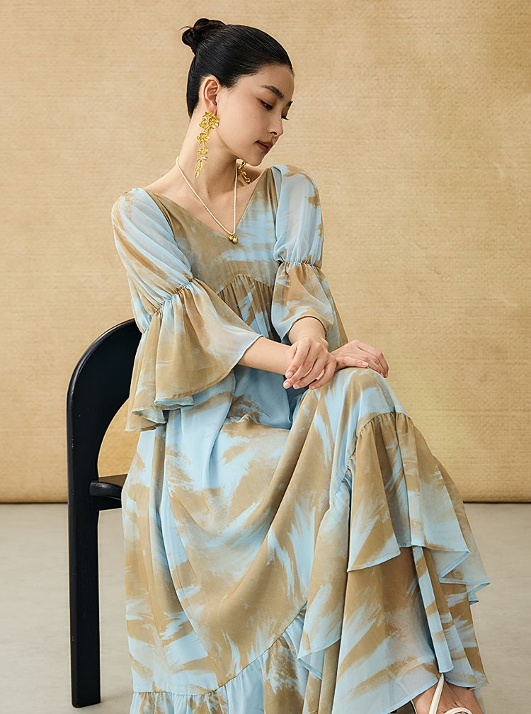 HECO Chinese V-neck wavy sleeve summer big resort dress - AMAZE .