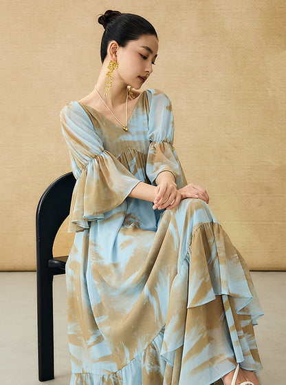 HECO Chinese V-neck wavy sleeve summer big resort dress - AMAZE .