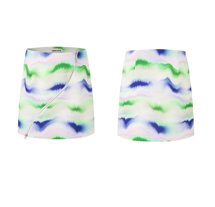 blue green High-end limited edition Multi-colored zipperd decorated printed High Waist A-Line short Skirt