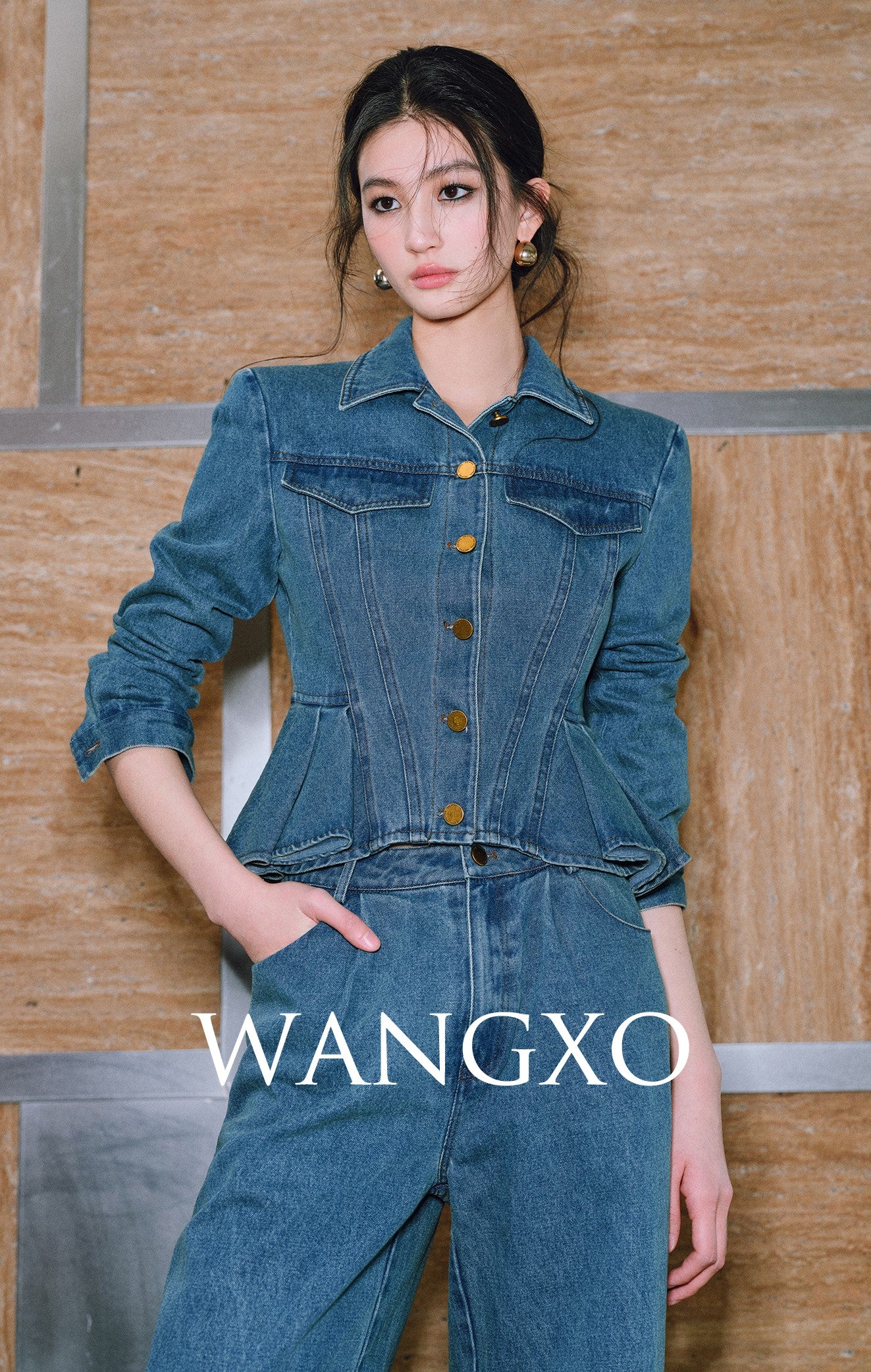 WANGXO| Flexible Cotton Denim Ruffle Top & Straight-Leg Pants- NAYA.
