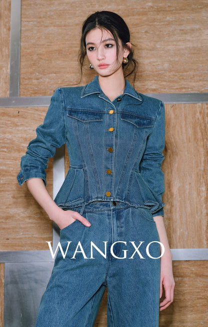 WANGXO| Flexible Cotton Denim Ruffle Top & Straight-Leg Pants- NAYA.