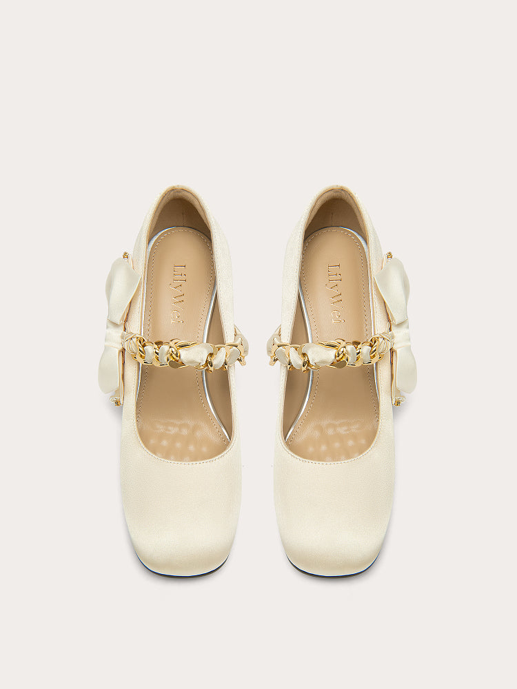 Lily Wei sweet white shallow shoes square toe bow shoes - ELEANOR