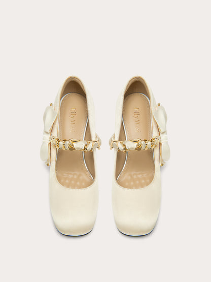 Lily Wei sweet white shallow shoes square toe bow shoes - ELEANOR