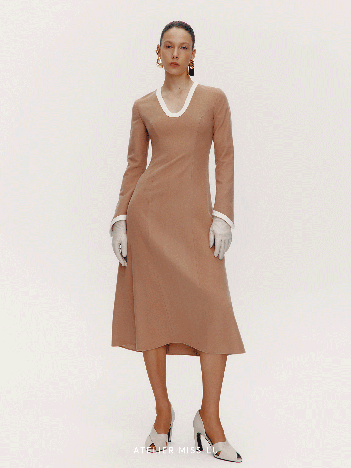 ATELIER MISS LU Old Money Sheep Wool Blend Long Sleeve Dress - RED.