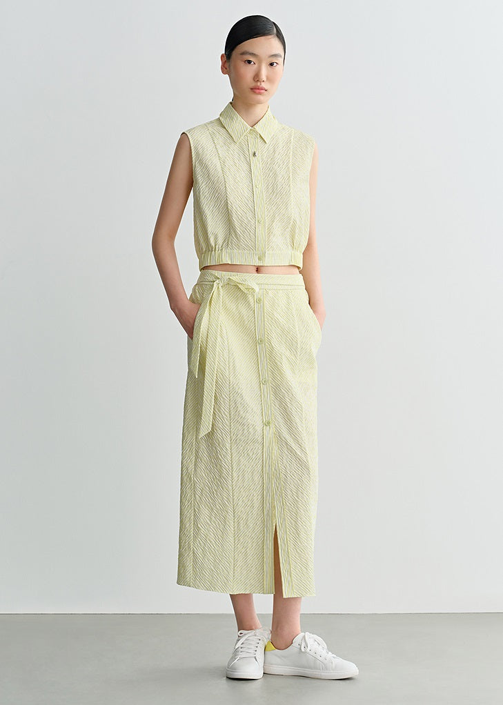 COMME MOI Crinkled yellow striped front slit midi skirt - CUBA.