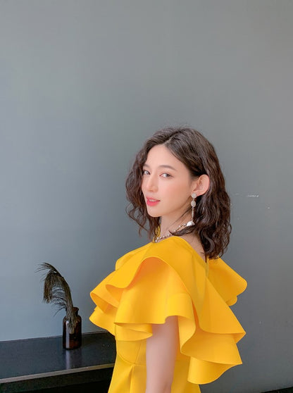 DOLLY Elegant Square Collar Ruffle Short Sleeves Slim Fit Midi Office Dress-HELEN