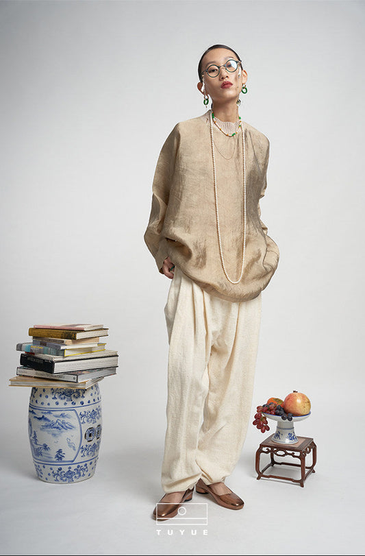 TUYUE Mixed Gray Ancient Style One-Piece Tailoring Knitted Collar Silhouette Top-ELIJAH.