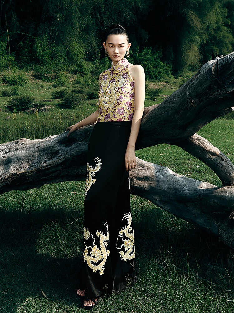 HECO Chinese Retro Style Embroidery Golden Dragon Stand-up Collar Vest Top  - QANT.