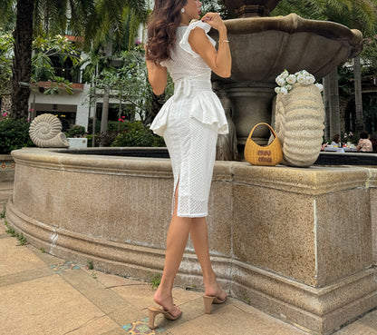 Le Palais Vintage  embroidery cotton wrap short top + high-waisted bud skirt-TEE.