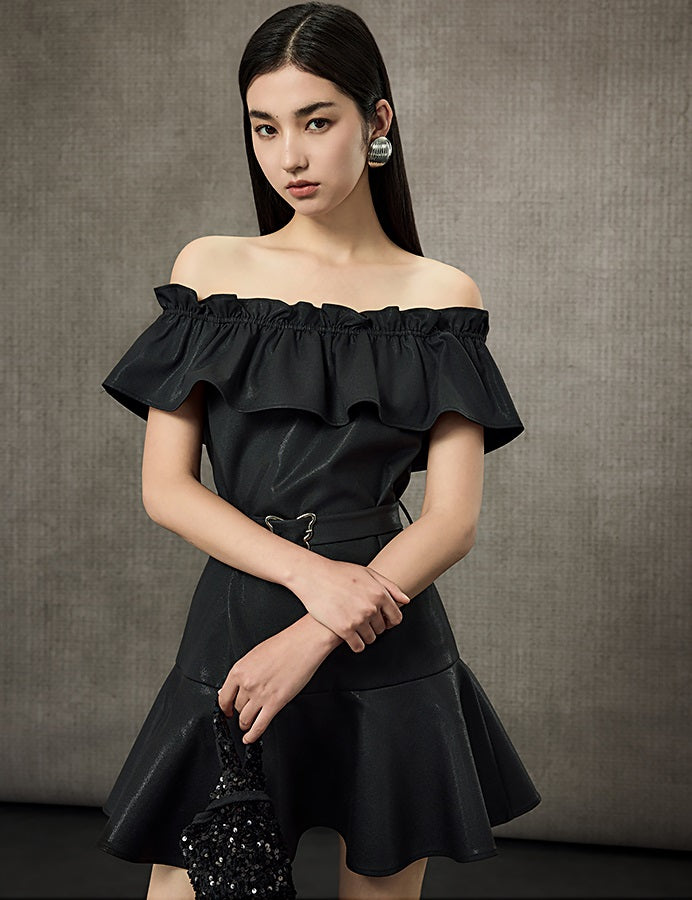 HECO Off Shoulder Ruffle Short Cinched Waist Dress  - SECRET.