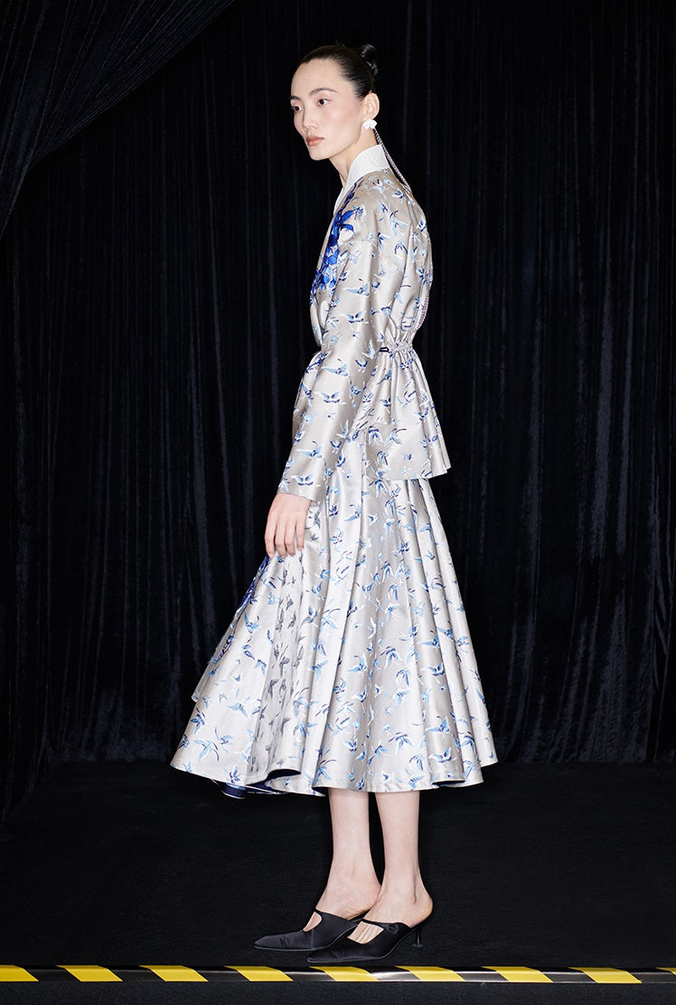 M essential Mackay designer butterfly dance jacquard blue vine and butterfly coat - WEST.