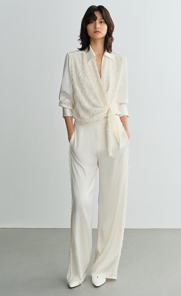 COMME MOI Lu Yan designer's new texture splicing satin straight-leg pants  -FAITH.