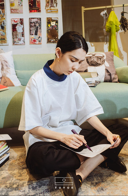 TUYUE White One-Piece Short Sleeve T-shirt- MORGAN.