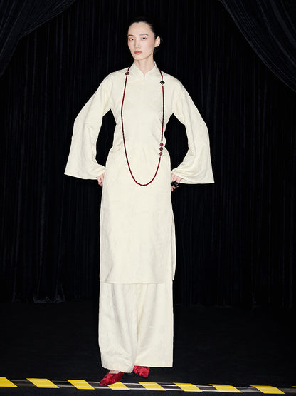 M essential Mackay designer jade carved jacquard bell sleeves cheongsam dress pant set - greg.