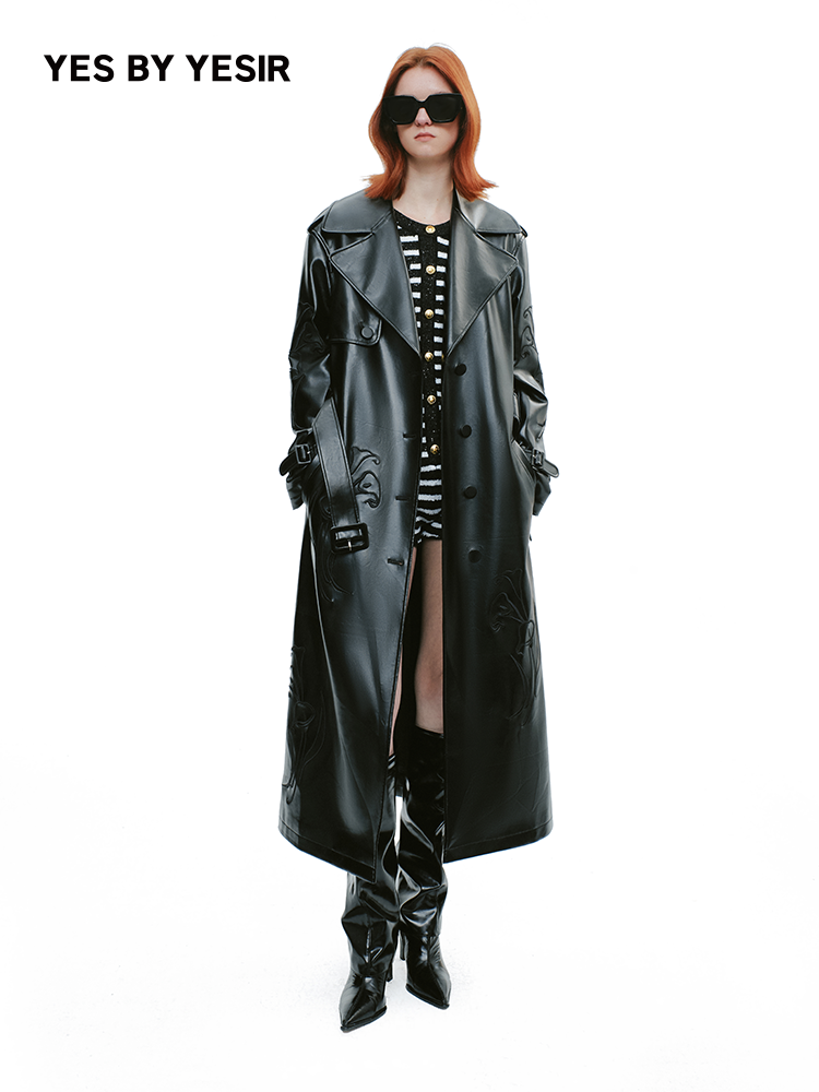 YES BY YESIR calla lily black Monroe long leather trench coat - FEEL.